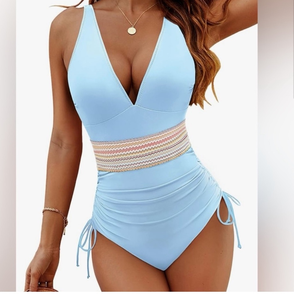 Sky Blue V-Neck Women's One Piece Swimsuit NWOT